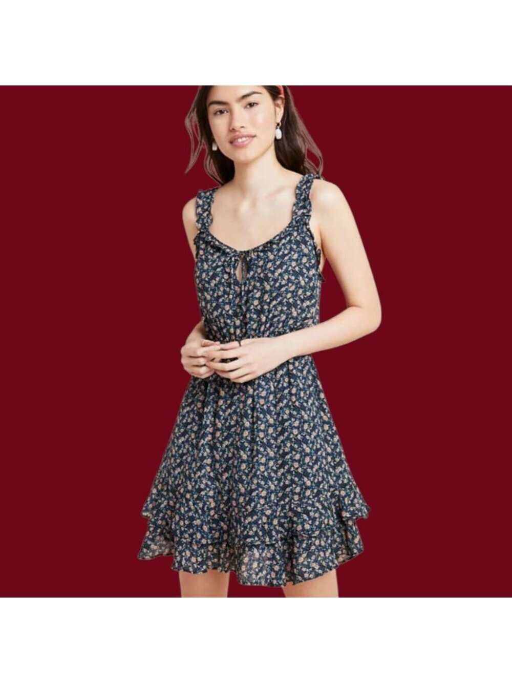 Cupcakes & Cashmere Azura  Floral Ruffle Mini Dress Black & Peach Xsmall